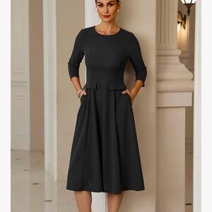 DressTells Black Midi Dress with Three-Quarter Sleeves & Pockets
